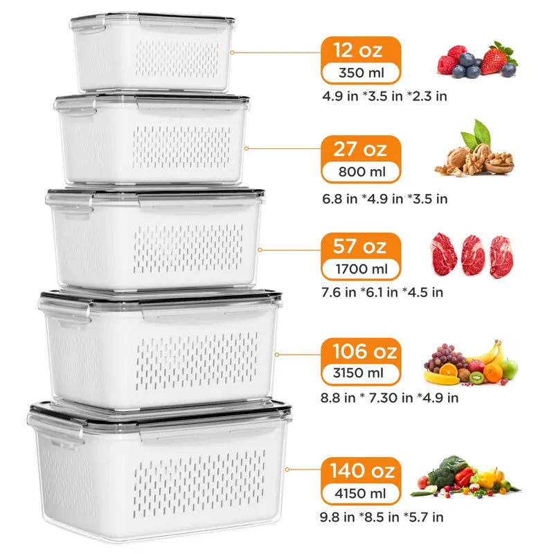5 Pack Double Layer Drainage Produce Storage Boxes