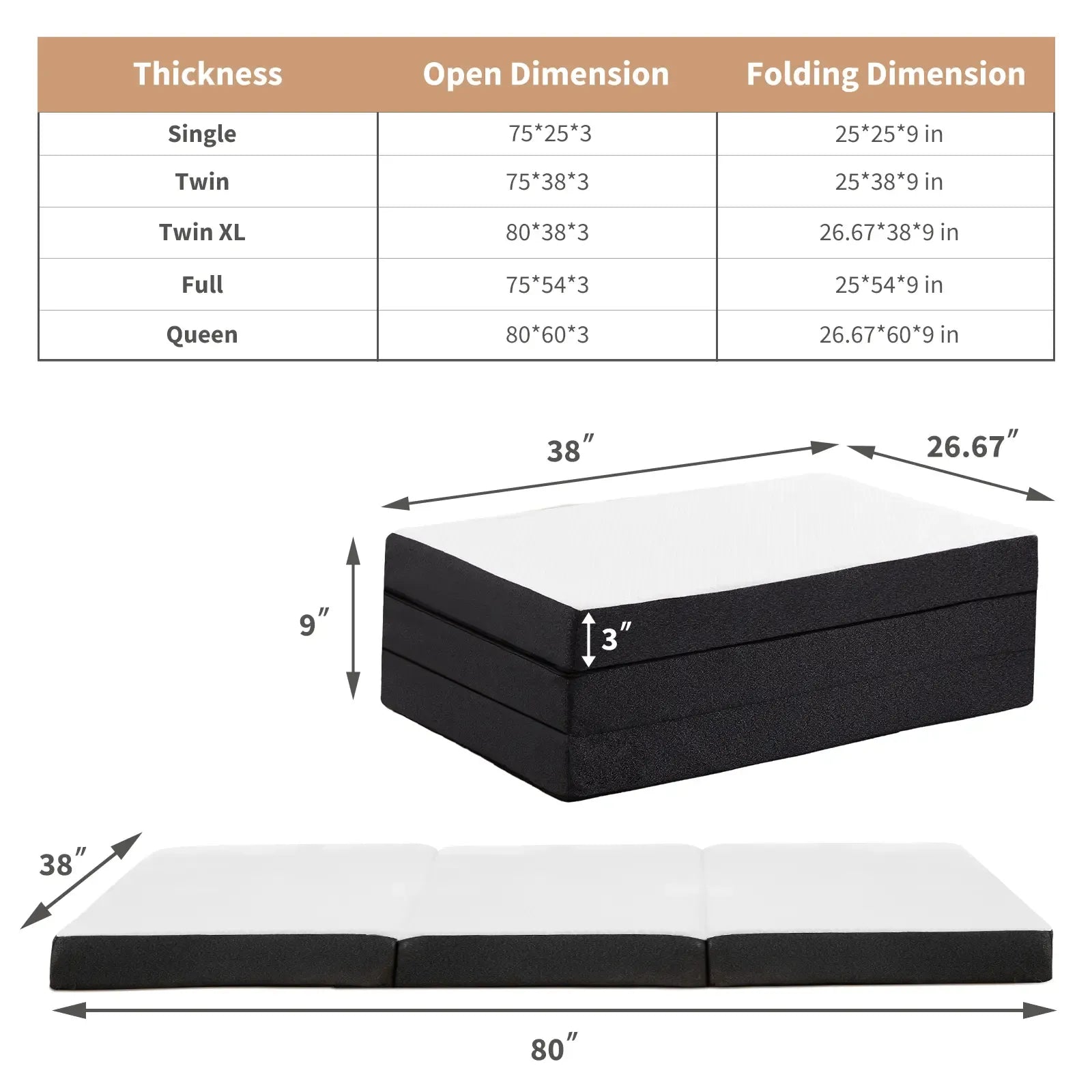 Tri-Fold Memory Foam Folding Mattress
