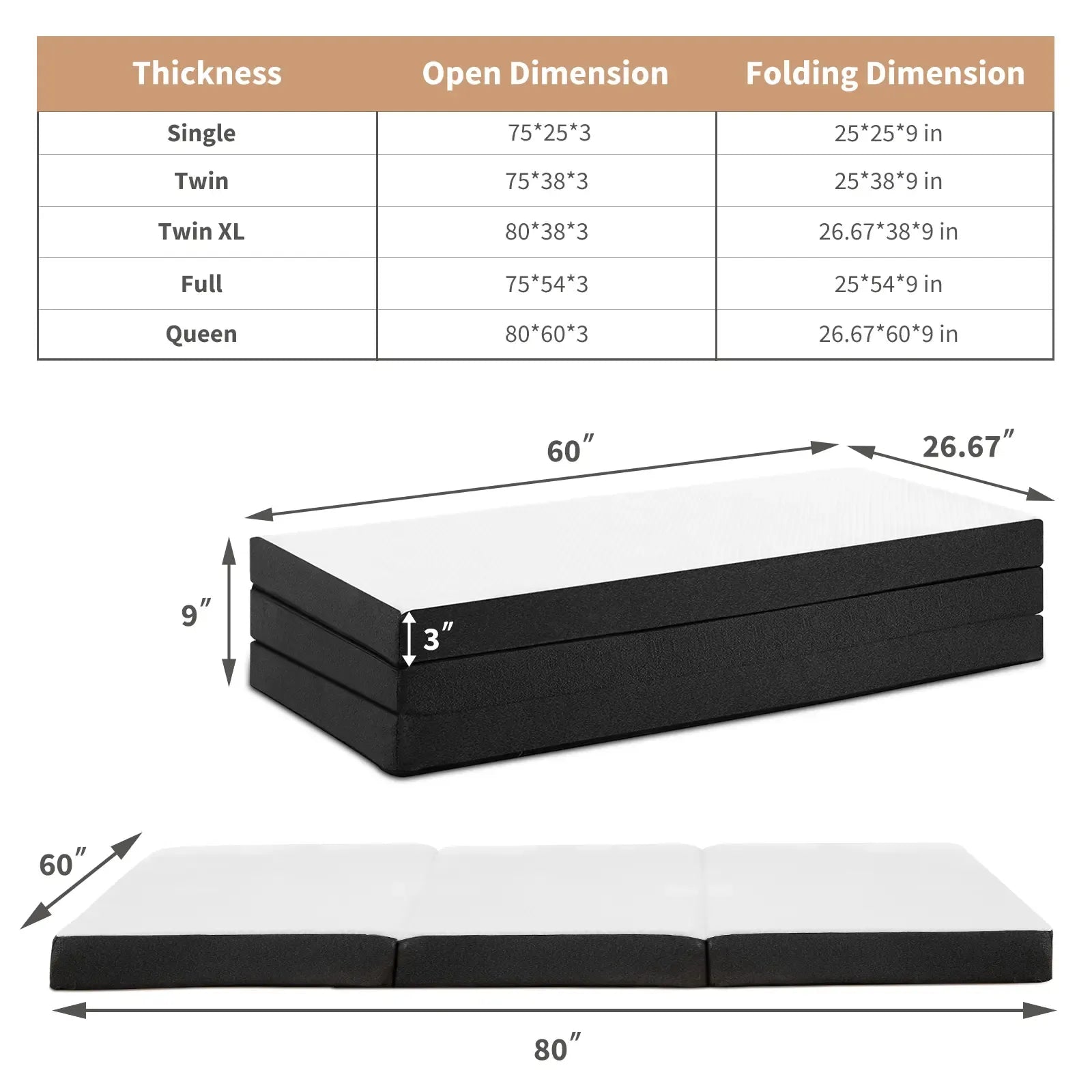 Tri-Fold Memory Foam Folding Mattress